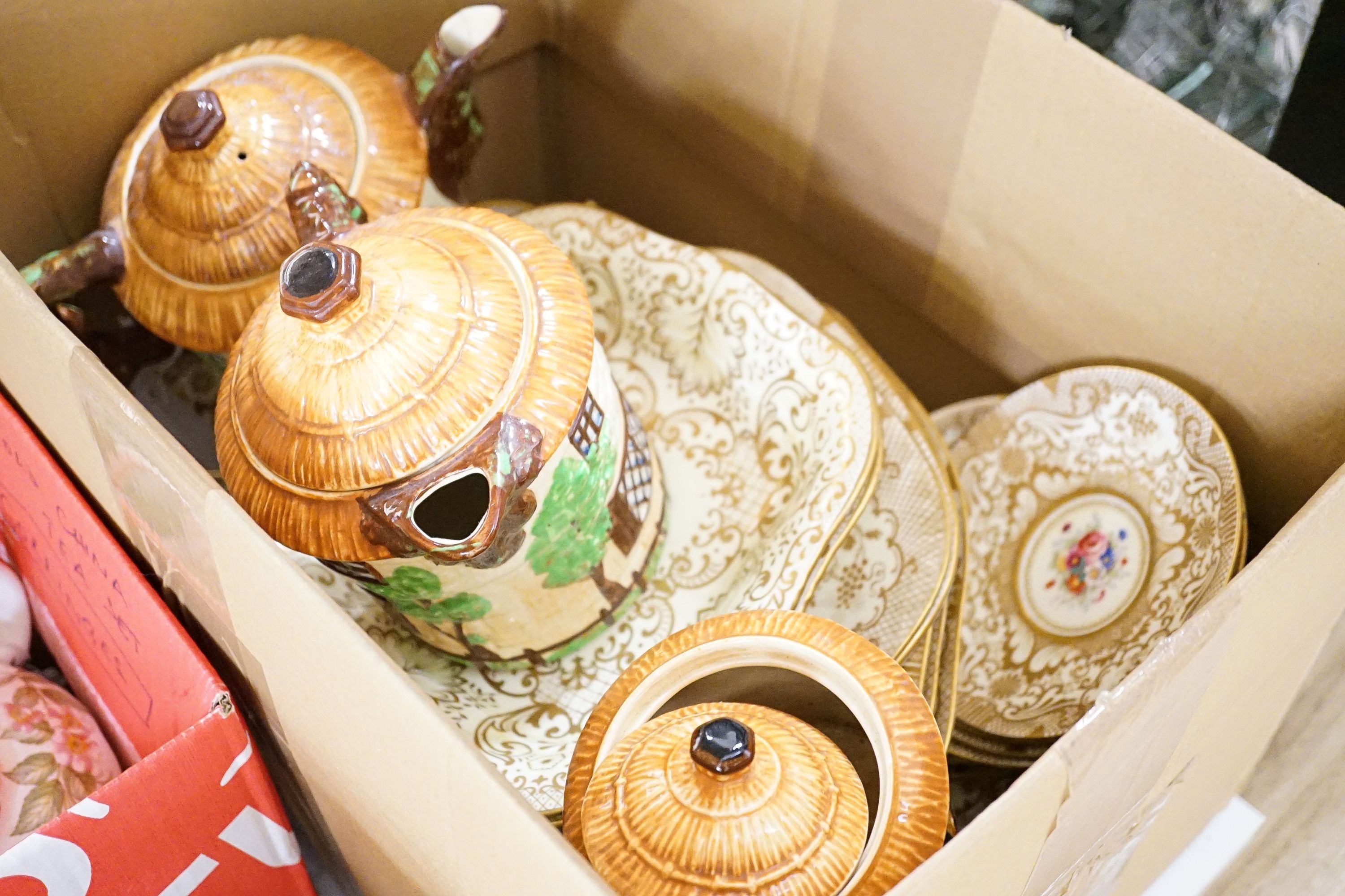 A Crown Staffordshire fifty nine piece part tea set and dessert service, central flowers and gilt borders, a Paragon part tea set and other ceramics